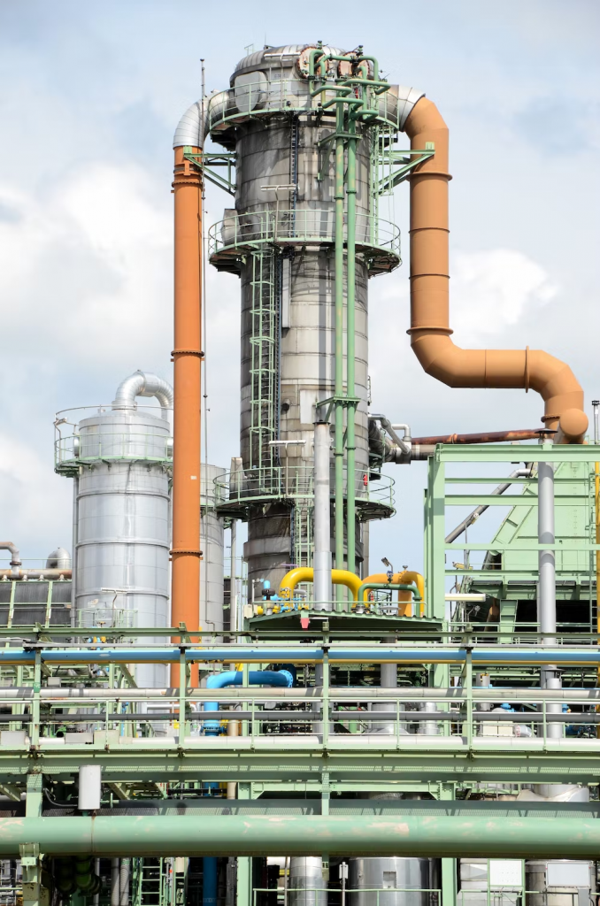 An oil refinery refining crude oil